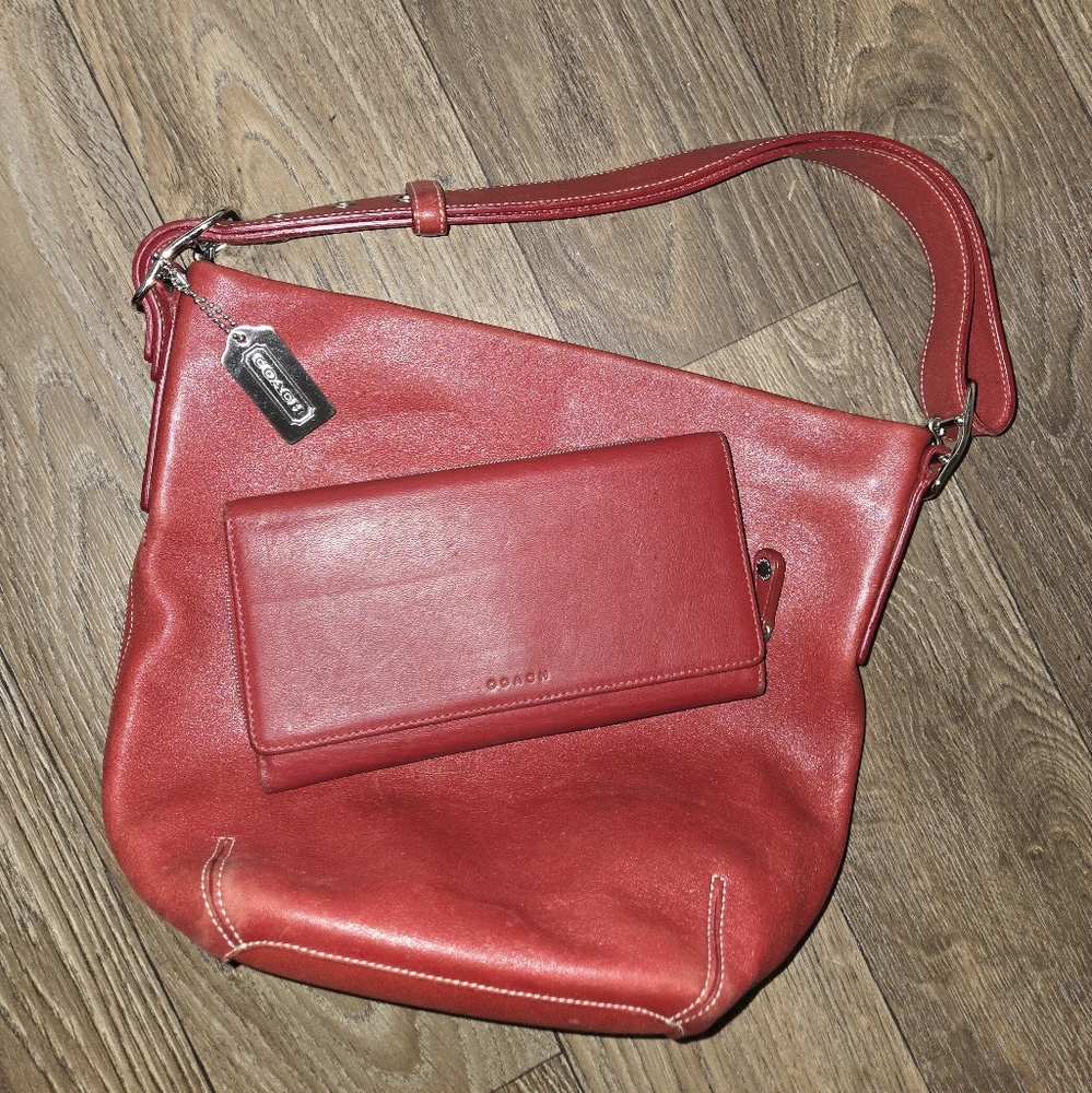 Coach Red Leather Shoulder Bag and Wallet Set